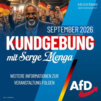 Event-Flyer Kundgebung mit Serge Menga auf dem Bauernmarkt in Bühl